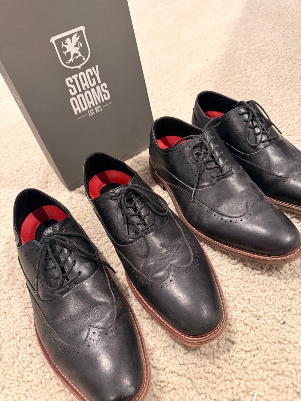 Stacy Adams Black Leather Wingtip Oxfords with Red Liner